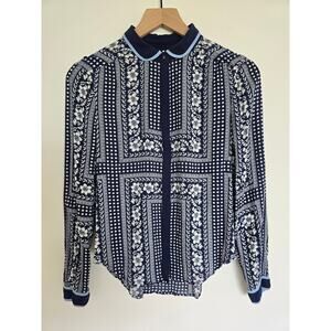 Anthropologie Maeve Art House Navy Blue Peter Pan Collar Blouse Size 2